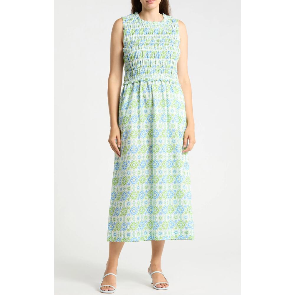 J. McLaughlin Ciri Smocked Sleeveless Midi Dress Linen Cotton Green Blue Print S - Picture 2 of 10